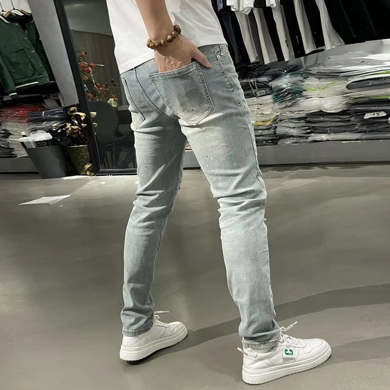 Designer Boyfriend Jeans for Men Vintage Patched Ripped Holes 90S Trendy Style Skinny Blue Distressed Washed Denim Pants Male