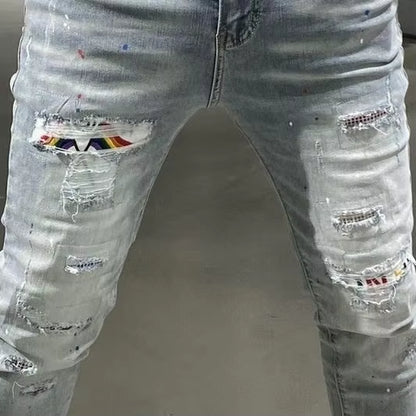Designer Boyfriend Jeans for Men Vintage Patched Ripped Holes 90S Trendy Style Skinny Blue Distressed Washed Denim Pants Male