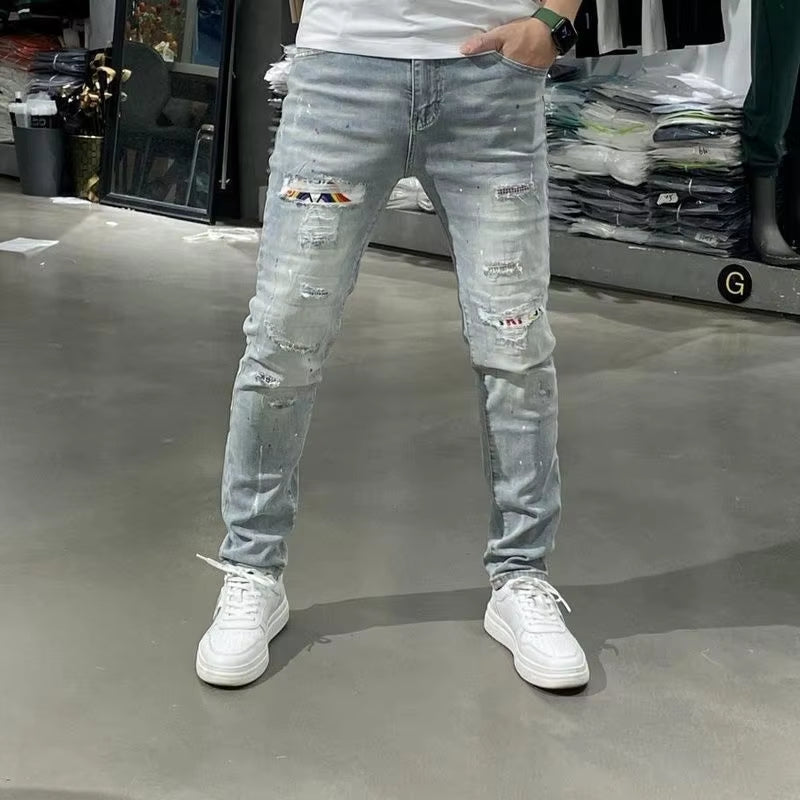 Designer Boyfriend Jeans for Men Vintage Patched Ripped Holes 90S Trendy Style Skinny Blue Distressed Washed Denim Pants Male