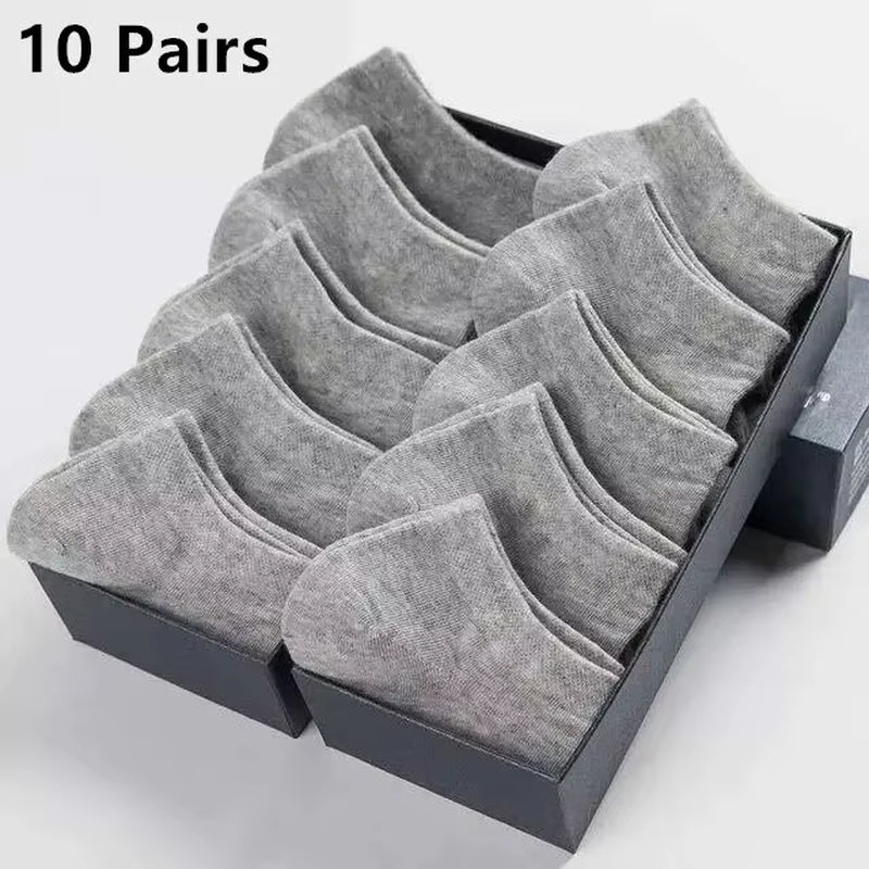 10 Pairs Men'S Polyester Boat Socks New Style Black White Grey Business Men Stockings Soft Breathable Summer for Male