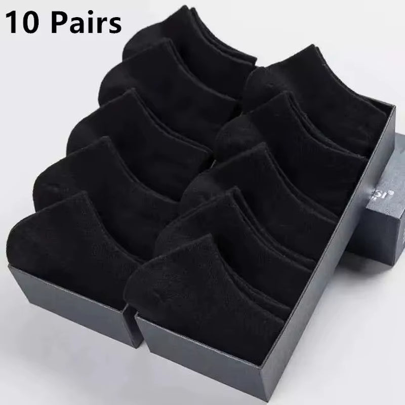 10 Pairs Men'S Polyester Boat Socks New Style Black White Grey Business Men Stockings Soft Breathable Summer for Male