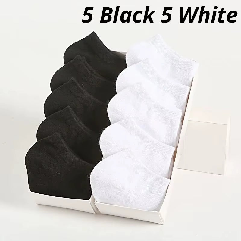 10 Pairs Men'S Polyester Boat Socks New Style Black White Grey Business Men Stockings Soft Breathable Summer for Male