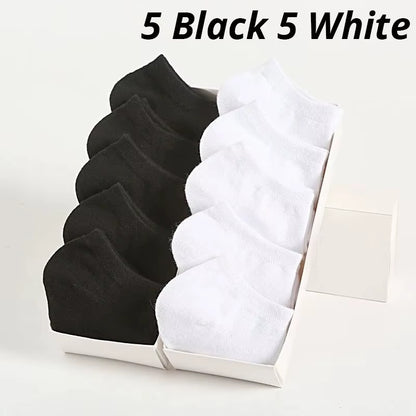 10 Pairs Men'S Polyester Boat Socks New Style Black White Grey Business Men Stockings Soft Breathable Summer for Male