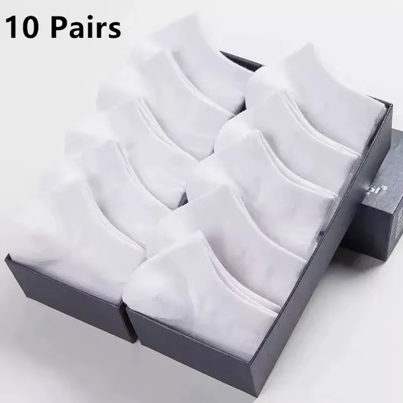10 Pairs Men'S Polyester Boat Socks New Style Black White Grey Business Men Stockings Soft Breathable Summer for Male