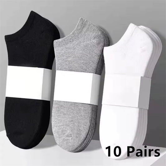 10 Pairs Men'S Polyester Boat Socks New Style Black White Grey Business Men Stockings Soft Breathable Summer for Male